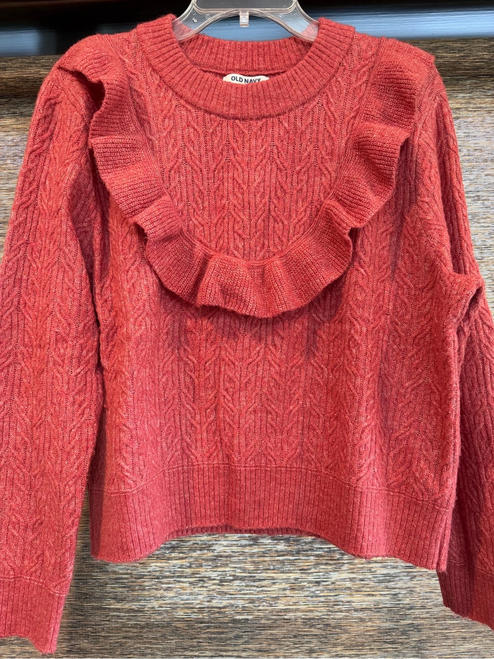Old Navy Red Ruffle Cable-Knit Crewneck Sweater